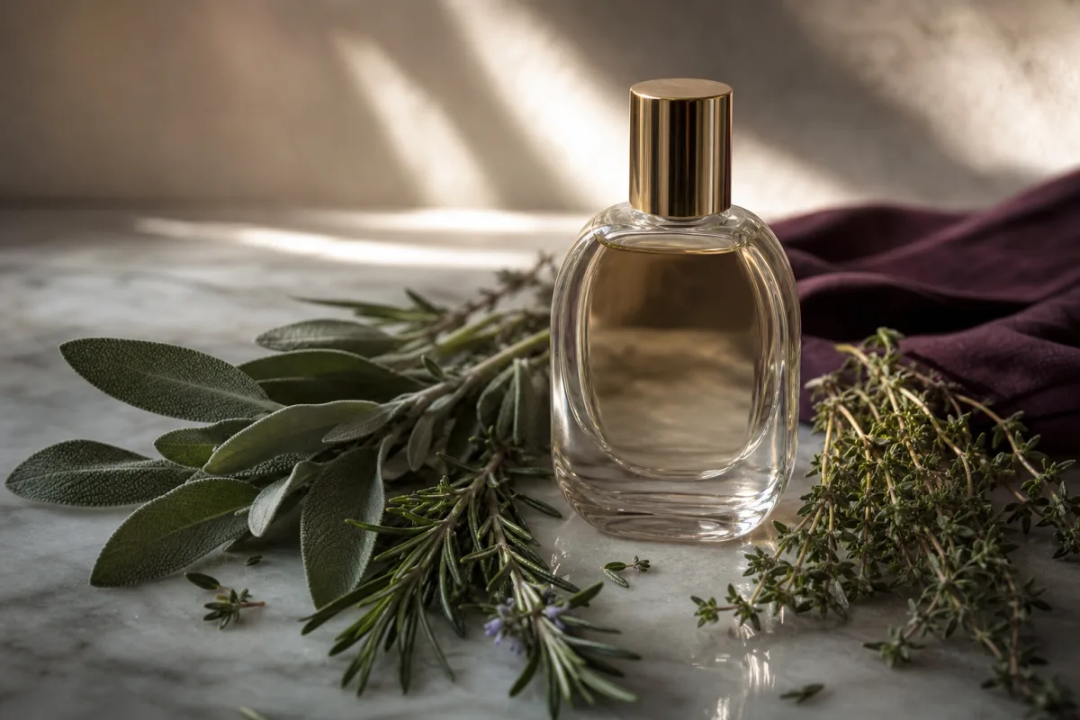 Färska örter som rosmarin, salvia och timjan bredvid en parfymflaska