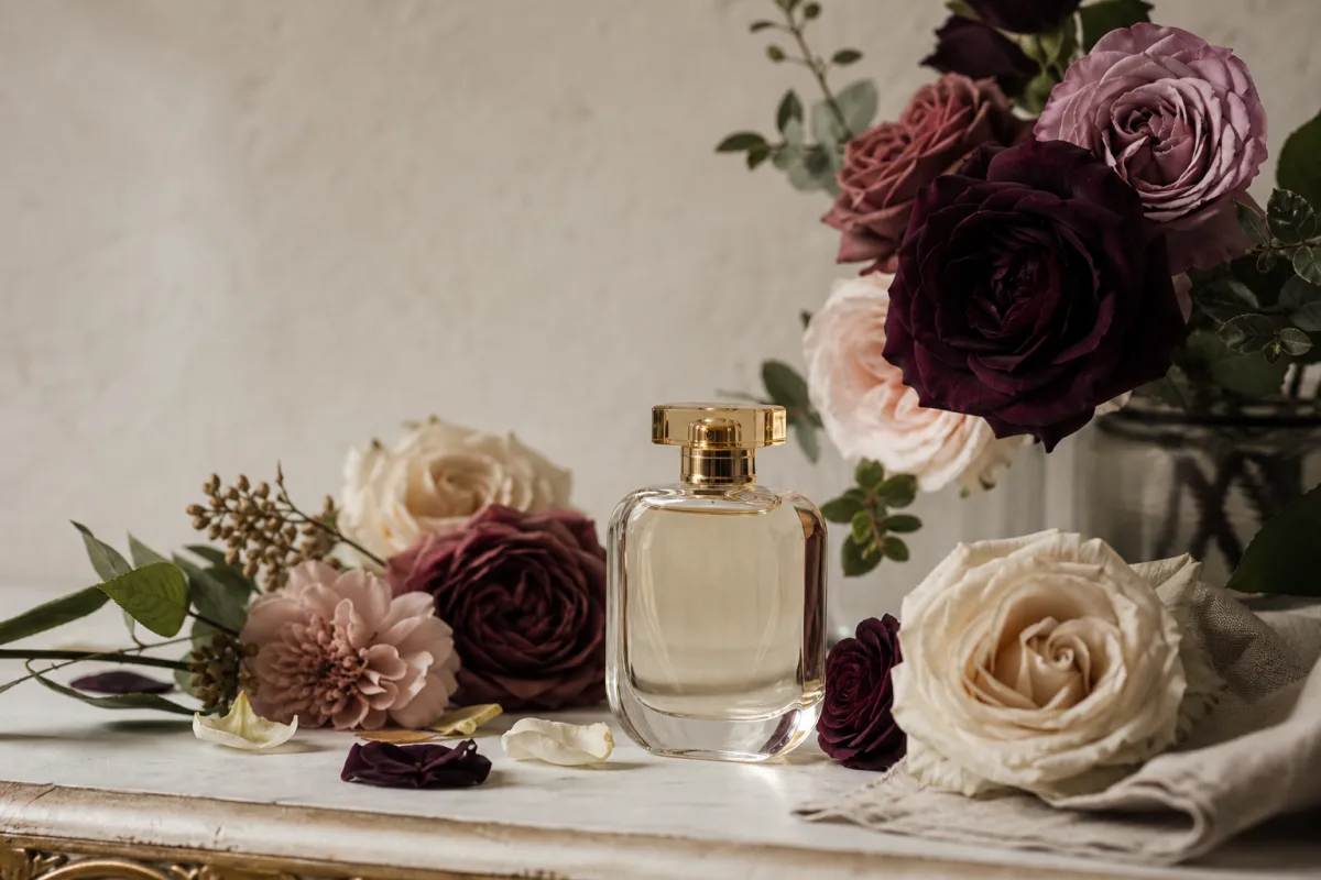 Parfymflaskor omgivna av färska rosenblad i rosa och djupröda toner