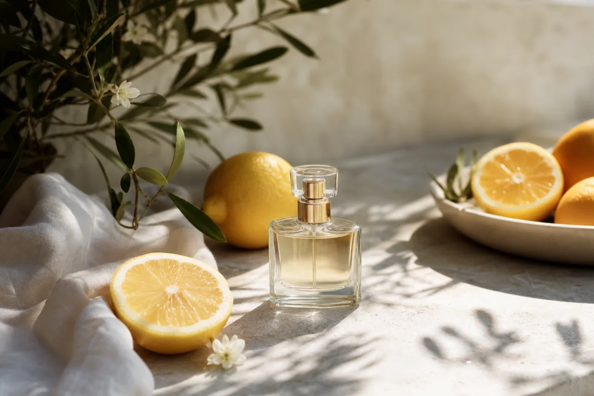 Lätt parfymflaska bland citrusfrukter och gröna blad i sommarljus