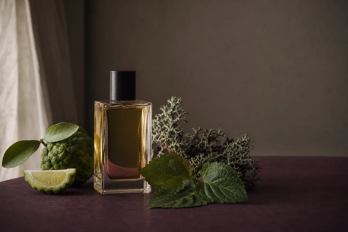 Bergamott, ekmossa och patchouli arrangerade som råvaror till en chypre-parfym