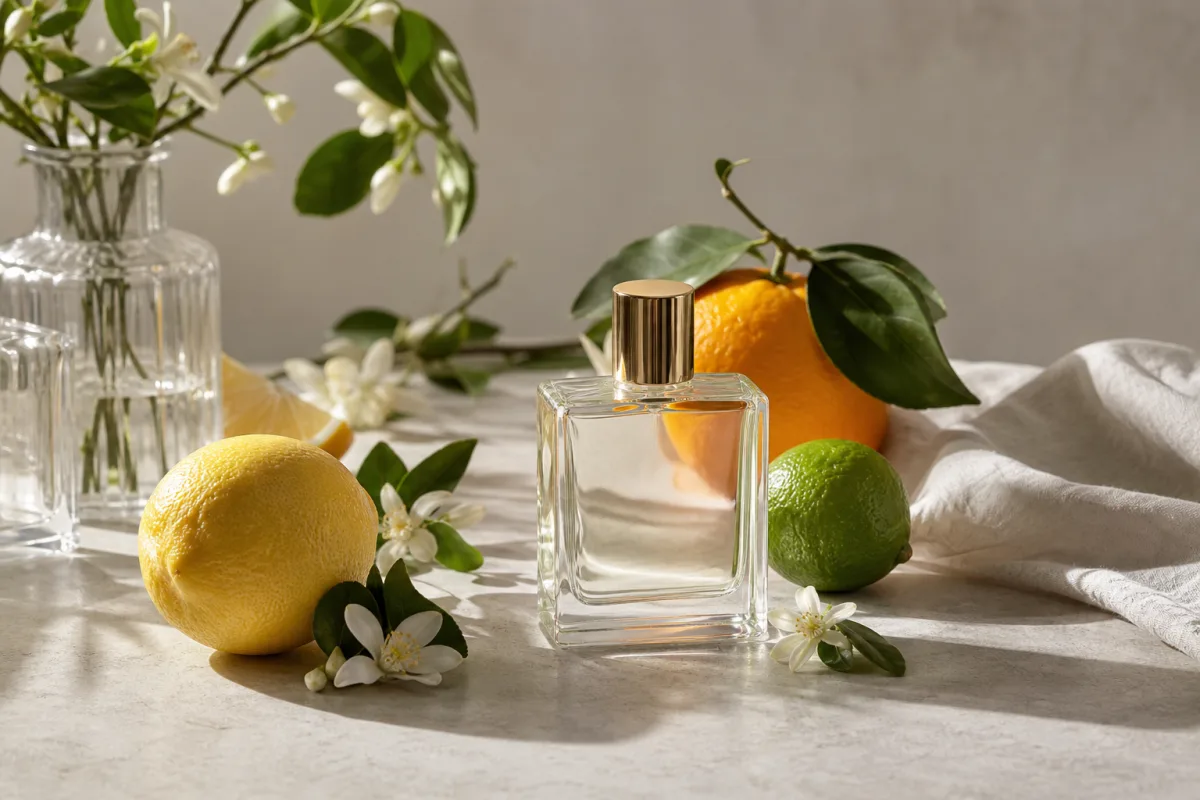 Citrusfrukter som bergamott, citron och grapefrukt bredvid en parfymflaska
