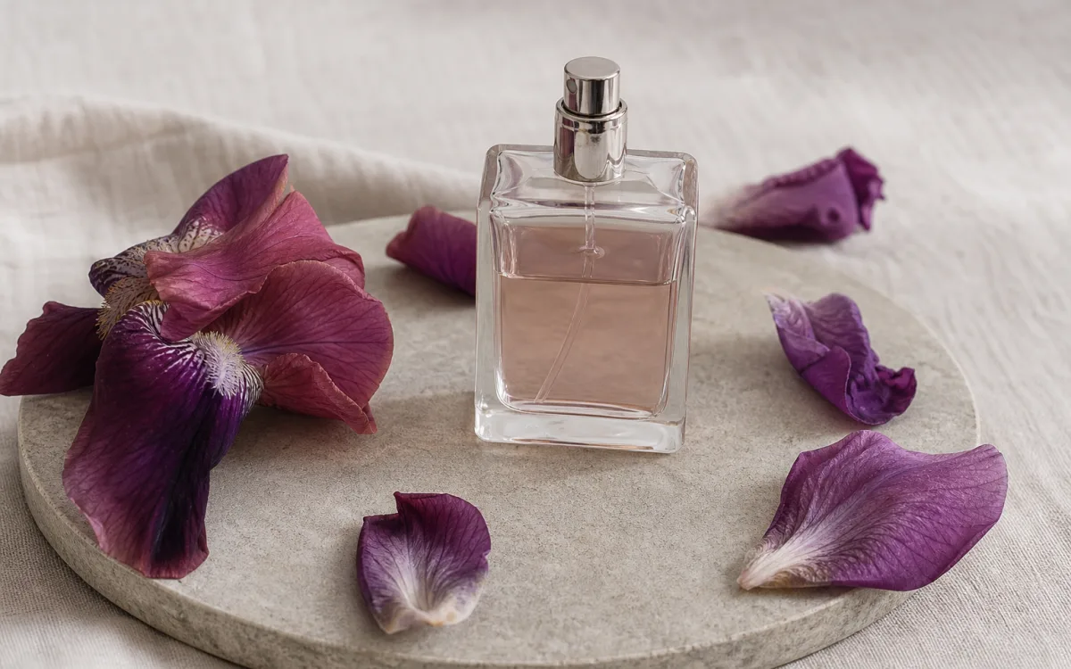 Pudrig irisrot, violetta detaljer och en omärkt parfymflaska