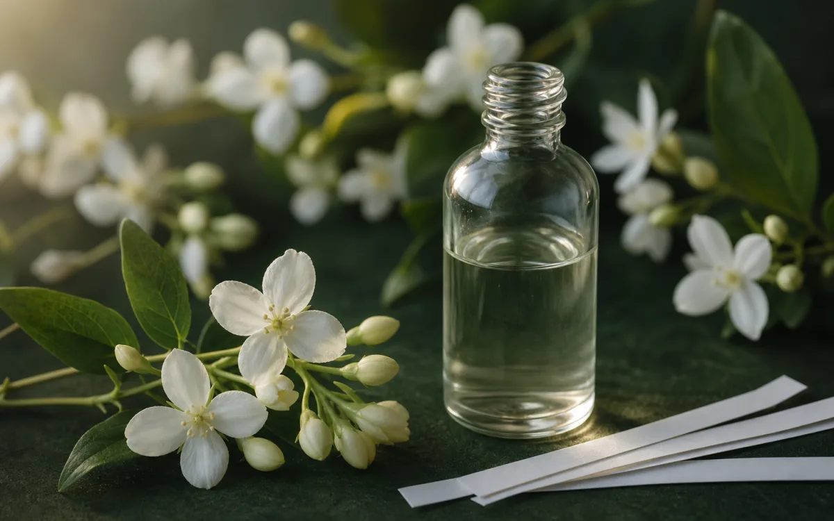 Jasminblommor, doftremsor och en enkel glasflaska i mjukt ljus