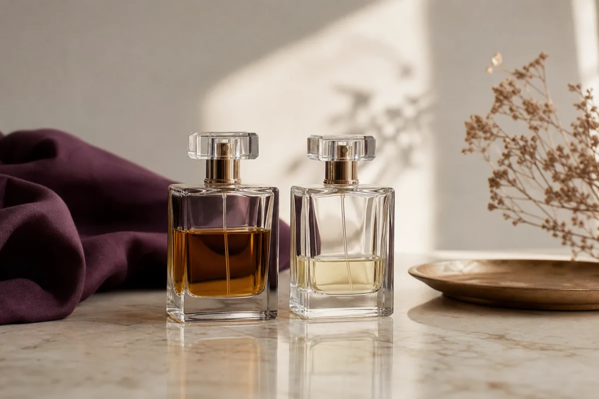 Flaskor med eau de parfum och eau de toilette sida vid sida