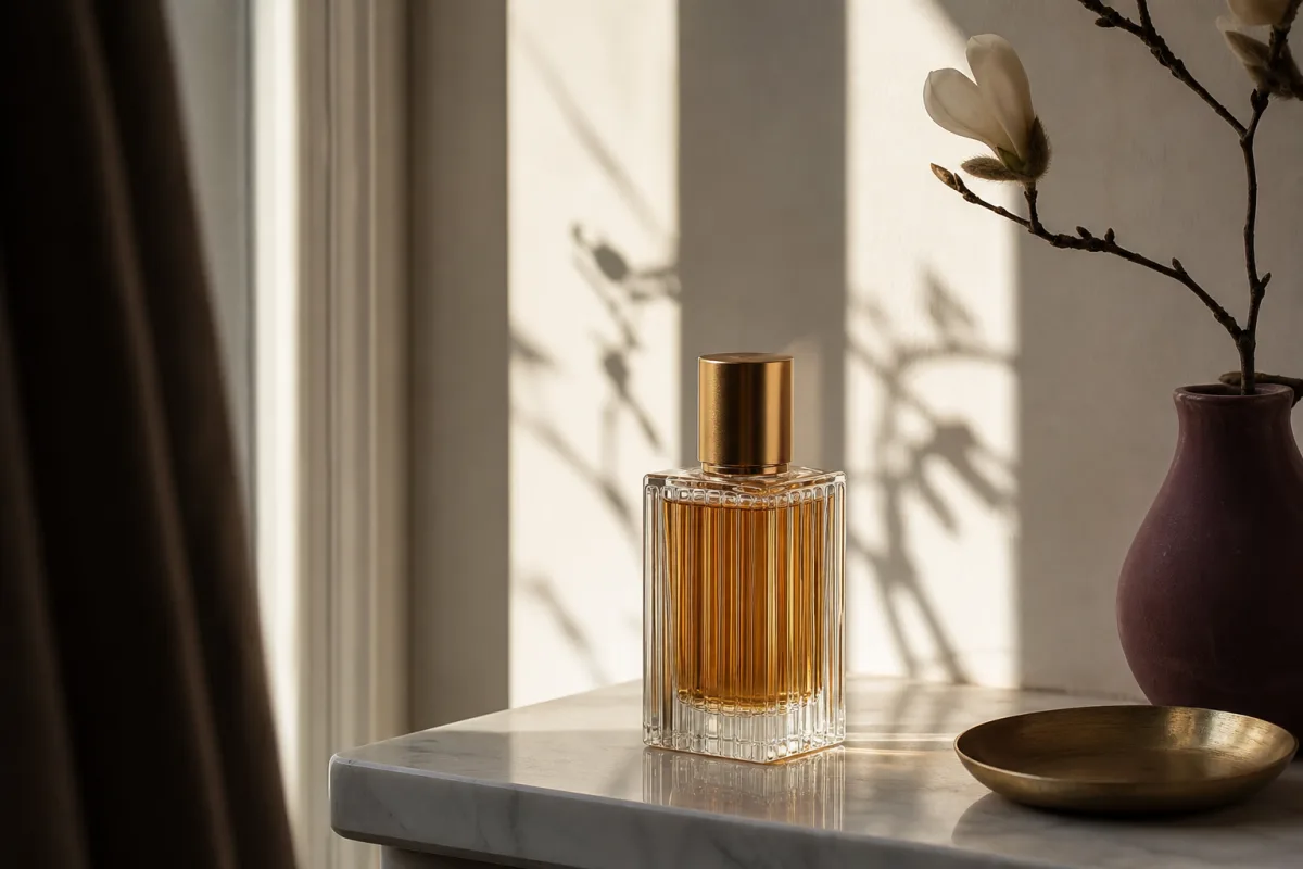 Eleganta Armani-parfymflaskor i minimalistisk stil mot en dämpad bakgrund