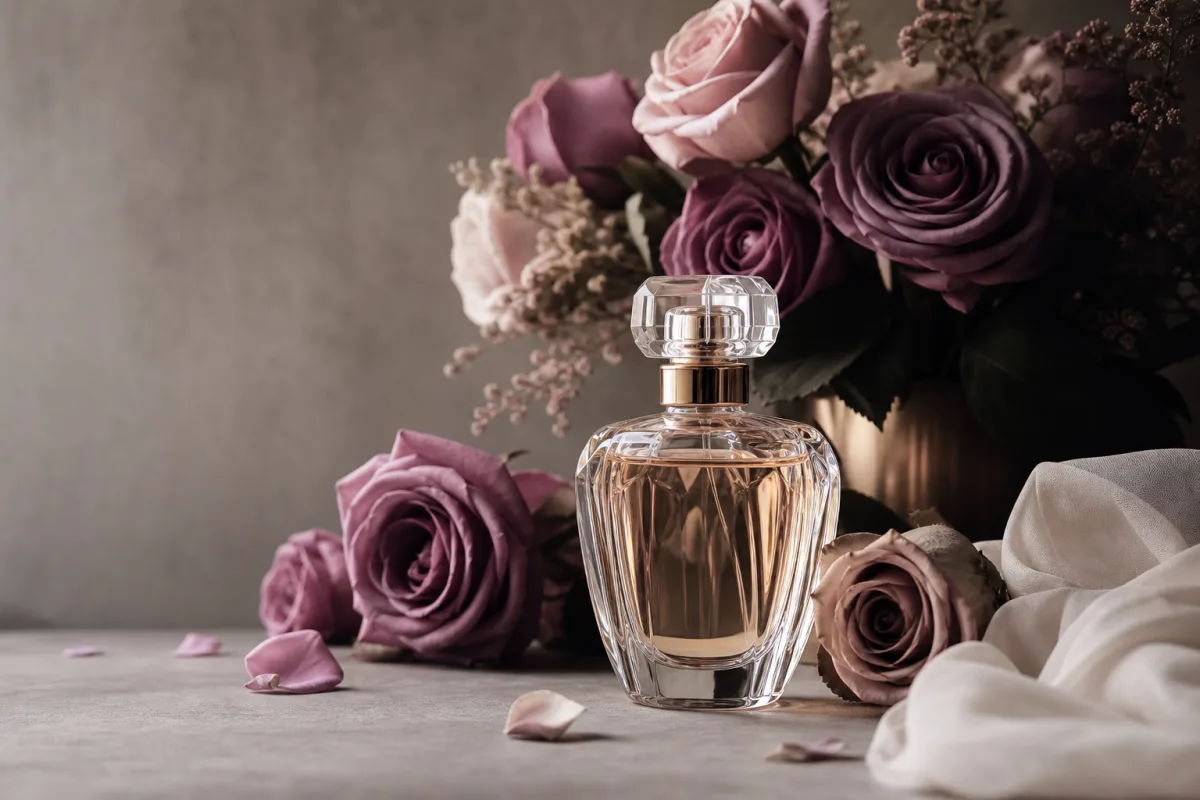 Lancôme-parfymflaska med husets ros mot ett mjukt parisiskt ljus