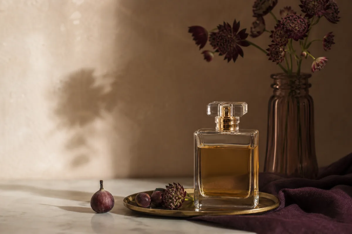 Tung parfymflaska med gyllene halsdekor och två stegrande hästar i relief, i Parfums de Marlys stil