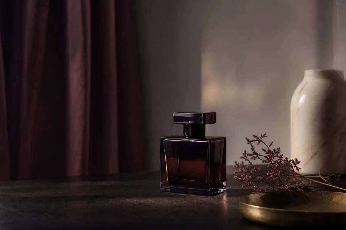 Mörka, eleganta Tom Ford-parfymflaskor uppställda på rökfärgat glas