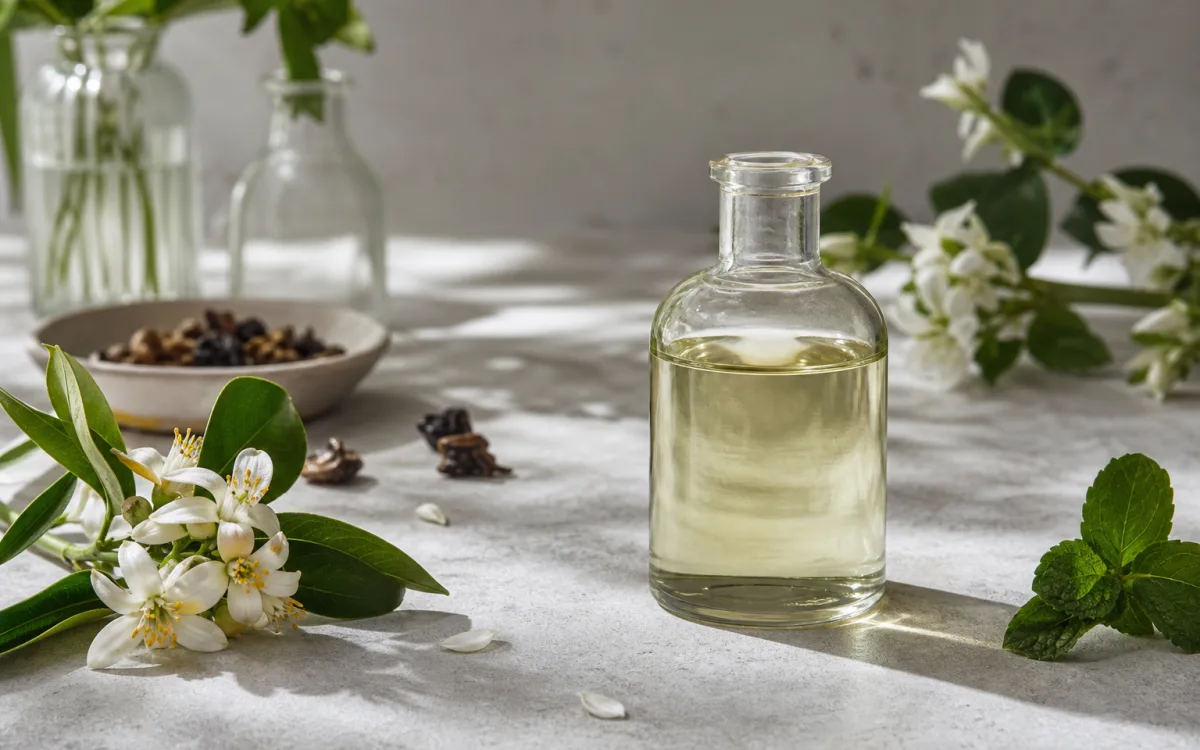 Botaniska råvaror och omärkt glasflaska på ljust bord